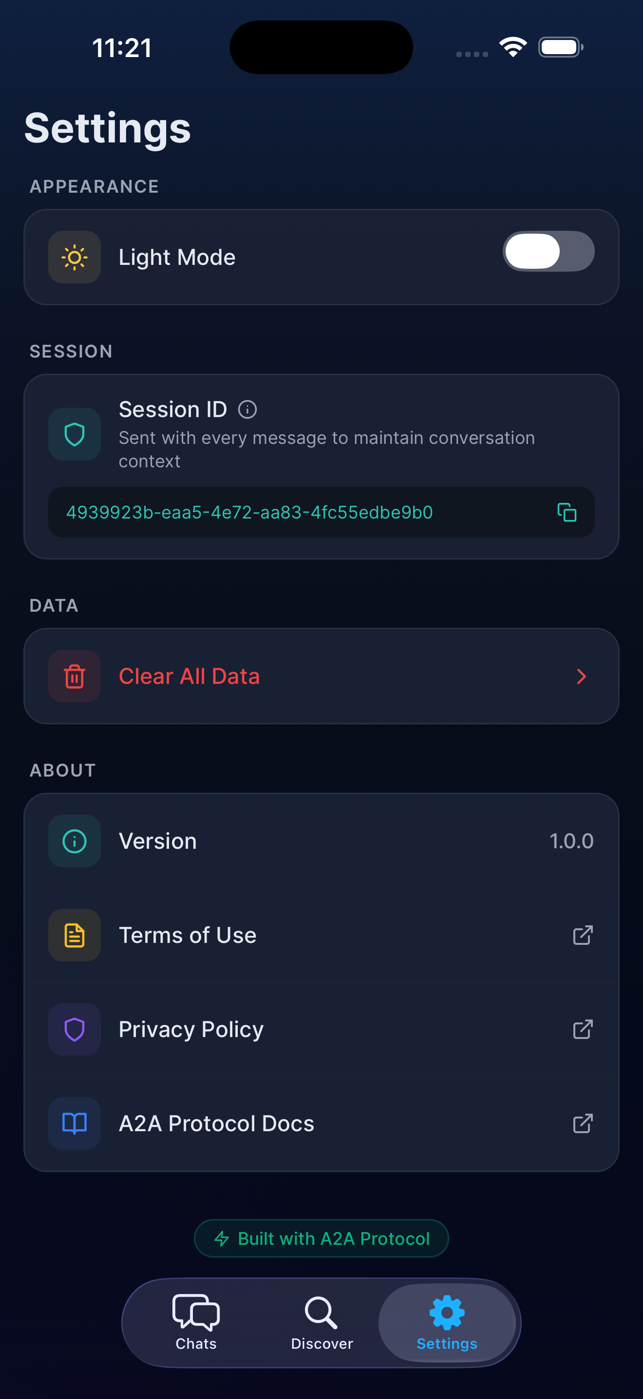 Settings — dark mode
